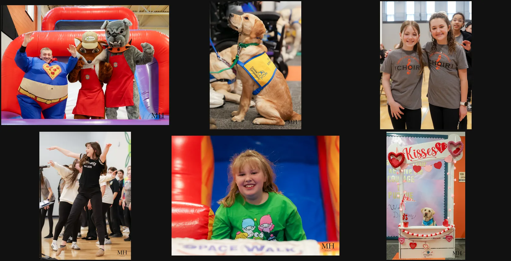 Event activities — mascots, canine companions, choir, musical performance, bounce house