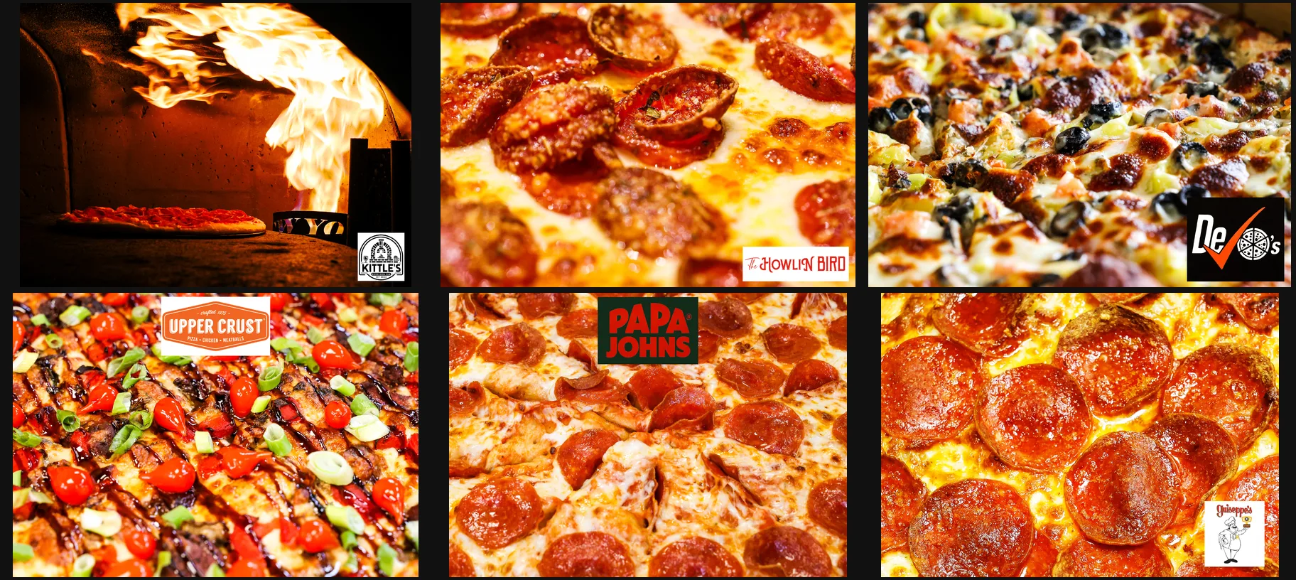 Pizza sponsor photos — Kittle's, Howlin' Bird, De Checo's, Upper Crust, Papa John's, Guiseppe's